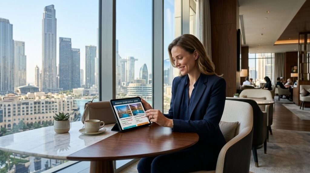Luxury hotel interior in Downtown Dubai overlooking skyline